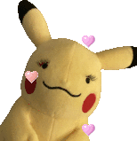 ditto as pikachu plushie wearing false eyelashes with animated pastel hearts floating across the frame.